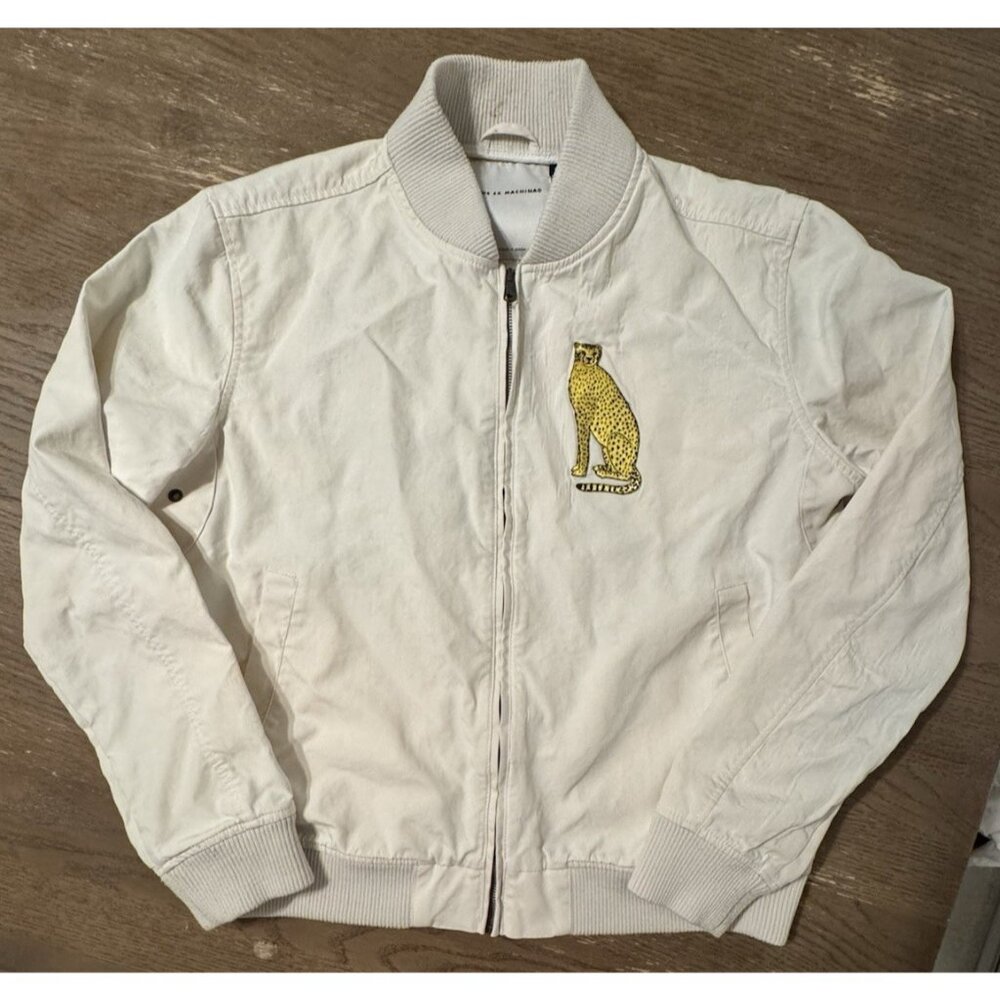 DEUS EX MACHINA GARTH BOMBER JACKET Sz XL Cheetah Patch Full Zip White